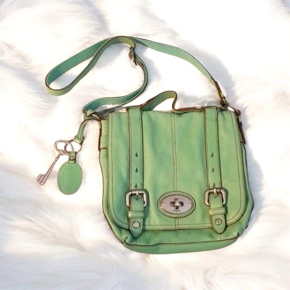 RARE Fossil Maddox Crossbody Messenger Sea Green Retro Leather Bag Y2K